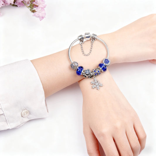 Snowflake Pendant Bracelet - Blue Cat's Eye & Glass Beads, Zinc Alloy with Rhinestone Silver Carved V1132-NSSL95-20
