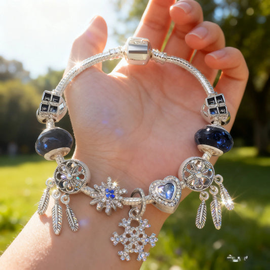 Pandora-Style Rhinestone Blue Cat's Eye Heart Bracelet: Glass Beads, Dreamcatcher Feather Snowflake(19cm) V1132-NSSL99-19