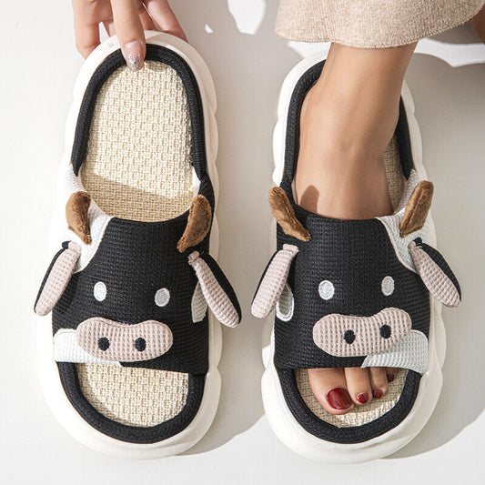 Unisex Cow Cartoon Linen Slippers: EVA Thick Sole Non-Slip Beach Sandals for Couples & Parent-Child, 7 V1132-YMTX1-BLACK-43-44
