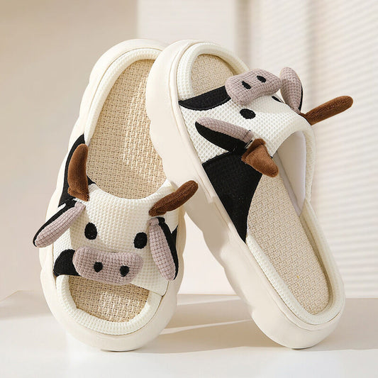 Unisex Cow Cartoon Linen Slippers: EVA Thick Sole Non-Slip Beach Sandals for Couples & Parent-Child, 7 V1132-YMTX1-WHITE-35-36