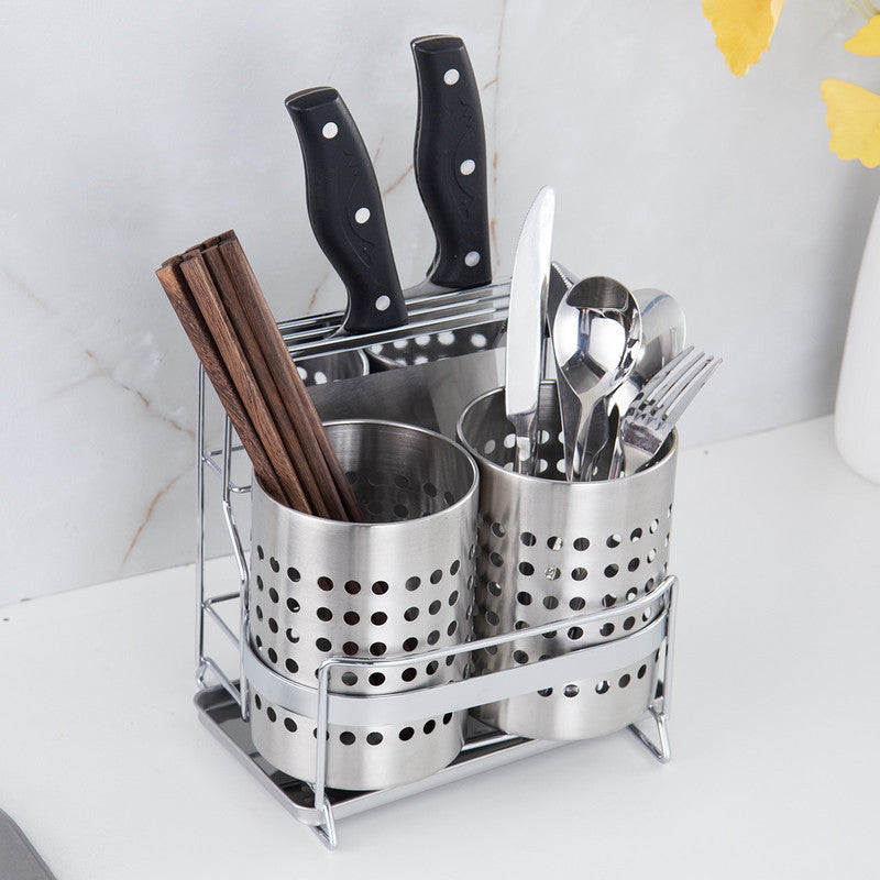Stainless Steel Kitchen Tableware Storage Rack, With Knife Rack,Spoon And Chopstick Rack-Silver V1161-109527