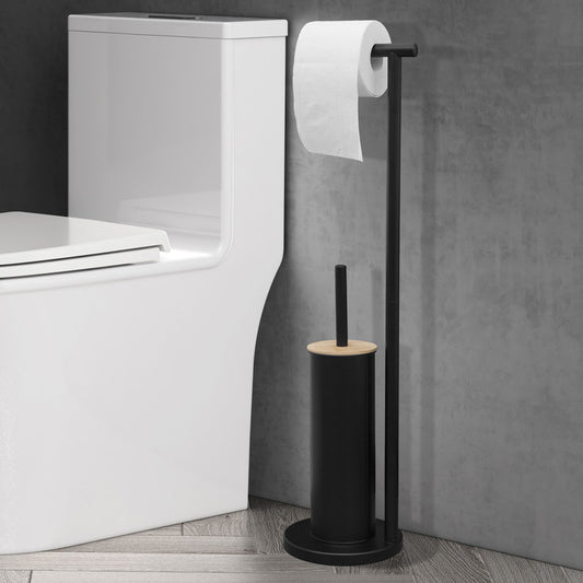 2-in-1 Iron Floor Standing Roll Paper Holder and Bamboo Lid Toilet Brush For Bathroom and Toilet-Black V1161-860036