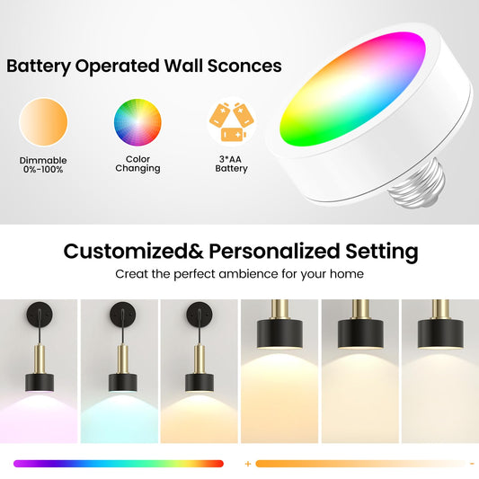 Battery Operated Wall Sconce Set of 2, Dimmable RGB Wall Sconce with Remote Indoor Battery Powered Wall Lamp V1171-CB-WLPD-CU-B-RGB-BO2