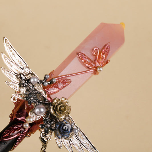 Handmade Crystal Wand, Natural Raw Gemstone Scepter, Magic Healing Wand Rose Quartz V1178-0400-MFBFJ