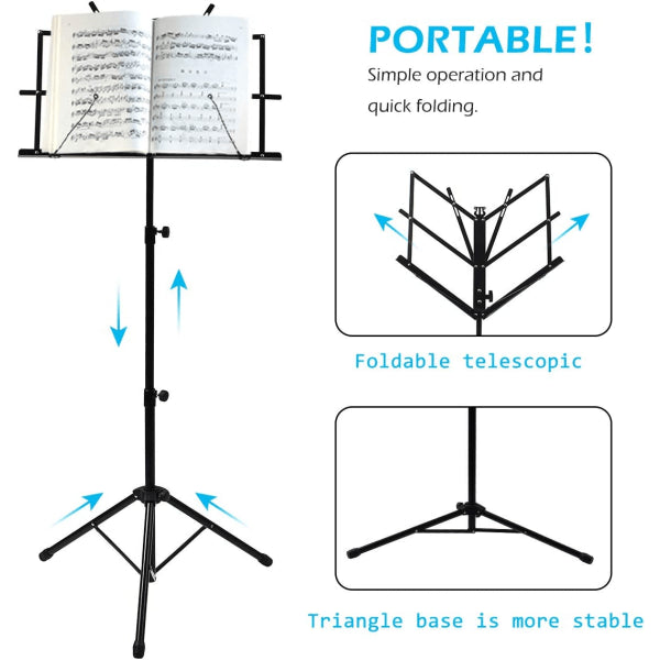 Adjustable Music Stand Portable Foldable Metal Stand with Carrying Bag Lightweight for Travel Storage Black V1188-CAWW-17654-1