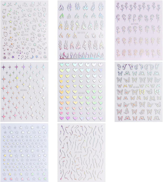 Aurora Nail Stickers 8 Sheets 3D Holographic Laser Heart Star Moon Flower Butterfly Nail Decals Self-Adhesive V1188-CE50-01321