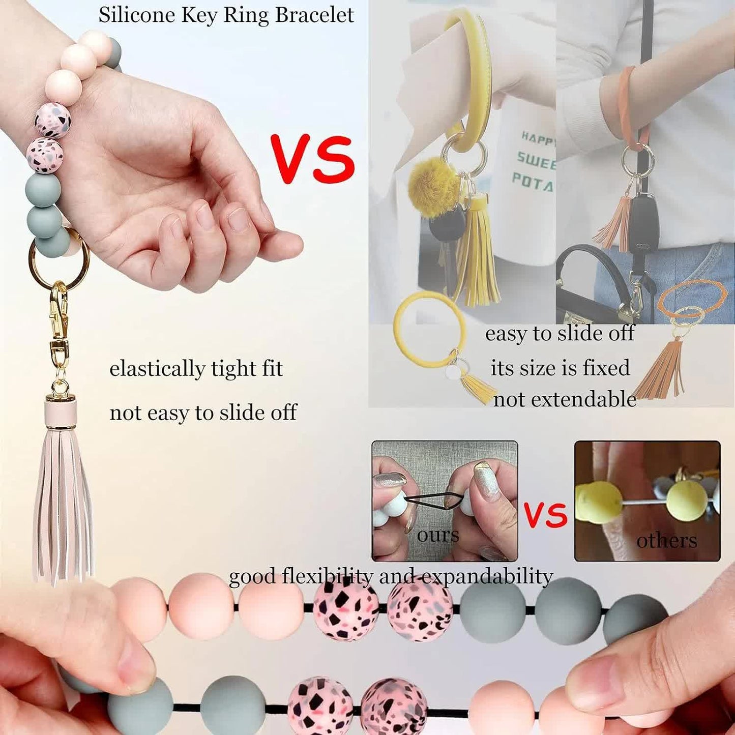 Key Ring Bracelet Car Keychain Holder Wristlet Silicone Women Beaded Bangle Chains V1188-CYX-J02-05