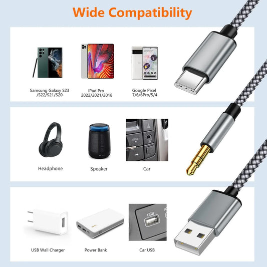 USB C to 3.5mm Aux Audio Cable with Charging, 2 in 1 USB C to 3.5mm Car Stereo Headset Audio Cable with PD V1188-CYX-J02-1256