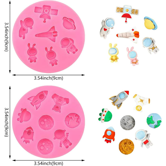 2 Pcs Astronaut Rocket Planet Fondant Silicone Molds Space-Themed Chocolate Candy Epoxy Resin Mold Cute Soap V1188-CYX-J02-228