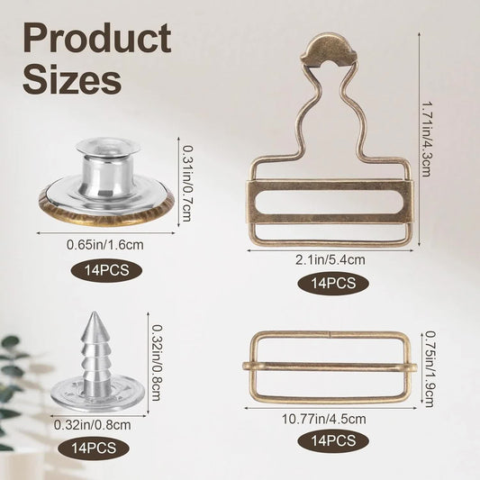 14 Sets Metal Overall Buckles, 1-1/2" Dungaree Replacement Clasp Clips with Adjustable Slide Buckle Buttons V1188-CYX-J02-3012