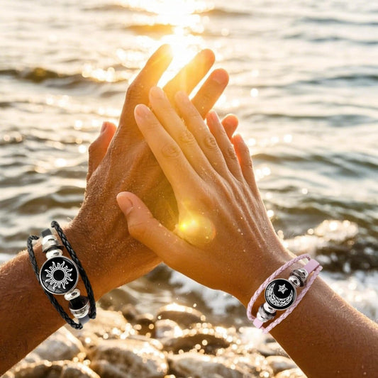 Luminous Sun and Moon Couple Bracelet - Glow in the Dark Matching Braided Leather Jewelry for Couples, V1188-CYX-LHJ-2310