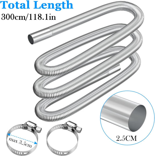 Stainless Steel Air Heater Hose 300cm 2.5cm Exhaust Pipe with 2 Clamps for Parking Heater V1188-MA60-18039-2