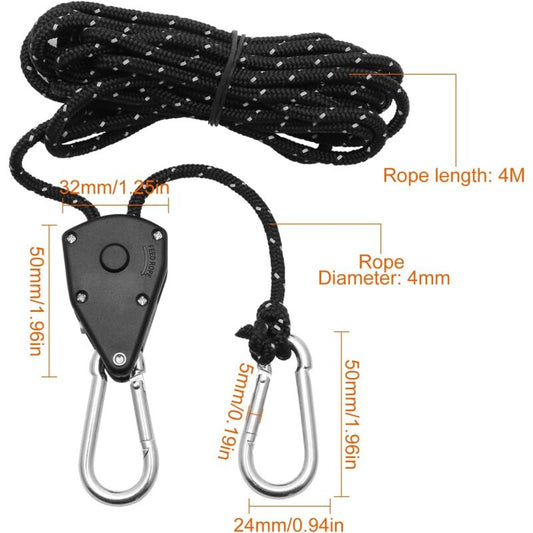 2 Pieces 4M Adjustable Ratchet ROpe, 1/8 Black Ratchet Pulley With 2 Replacement Hooks, Reflective Ratchet V1188-MS-227-0075