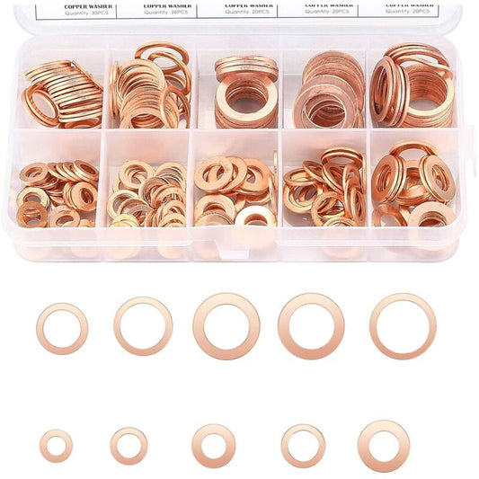 Copper Metal Washers, Gaskets Sealing Ring, Flat Washers, O-Ring With Box For Sealing - 200 pcs/M5 M6 M8 M10 V1188-MS-227-0198