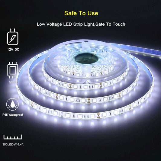 12V LED Strip Light Cool White 6500K, 5 Meters Flexible 300 LEDs 5050 Smd Ip65 Waterproof LED Strip [Energy V1188-MS-227-0266