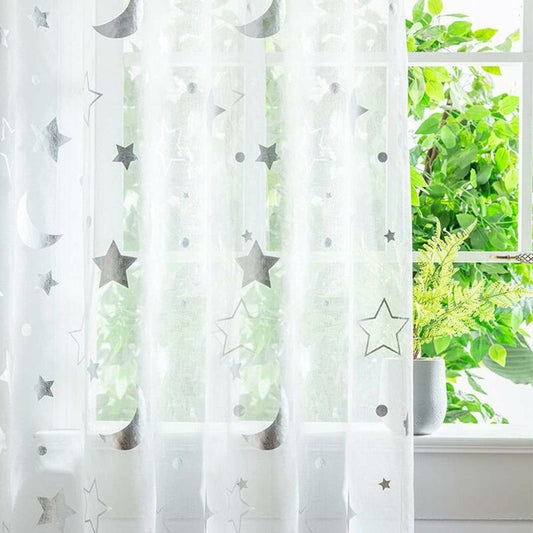 1M Long Semi Sheer Window Curtains For Girls ROom Bedroom Cute Moon And Stars Pattern Tulle Sheer Curtains 2 V1188-MS-227-0465