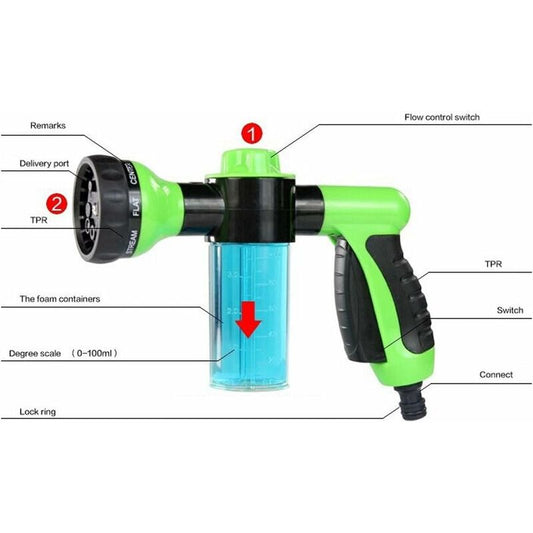 Garden Hose Nozzle With Tank For Soap Or Fertilizer - Jet Wash - Watering Accessory - 8 Watering Modes - V1188-MS-227-0629
