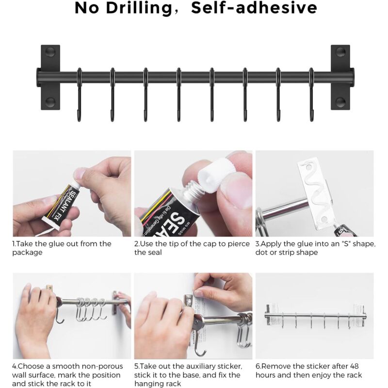 Wall Mounted Stainless Steel Utensil Holder With 8 Sliding Hooks For Kitchen And Bathroom (Black) V1188-MS-227-0710