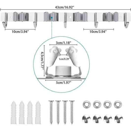 Stainless Steel Wall Mounted Broom Holder, Wall Mounted Broom Hanger With 4 Slots And 5 Hooks For Kitchen, V1188-MS-227-1002