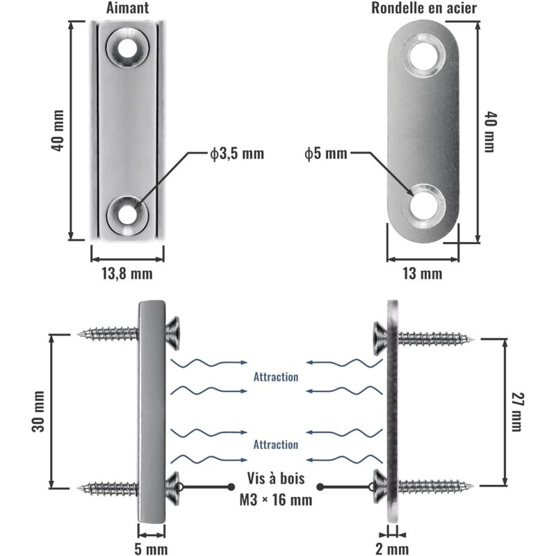 2 pcs Rectangular Neodymium Magnets With Hole 40X13.8X5Mm, 15Kg Force + 2 Steel Washers + 8 Screws Included V1188-MS-227-1028