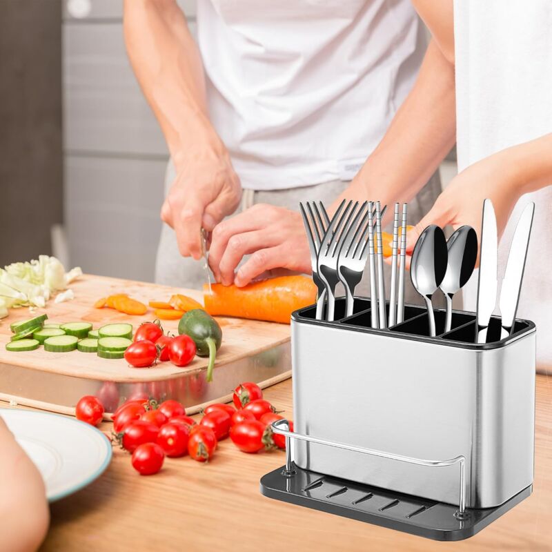 Cutlery Drainer, Fork Spoon Organizer Rack With 4 Compartments With Drainer, For Knife And Fork, Spoon, Sink V1188-MS-227-1068