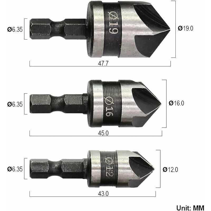 3 pcs 1/4" Hex Hcs Countersink Bit 5 Flute Countersink Drill Bits Countersink Bit 12Mm/16Mm/19Mm For Wood V1188-MS-227-1075