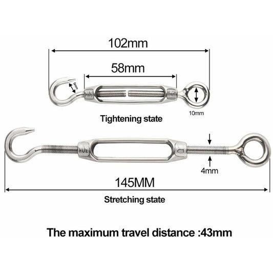 6 pcs Wire Tensioner M4 Stainless Steel Adjustable Turnbuckle Hook And Eye Set Heavy Duty V1188-MS-227-1400