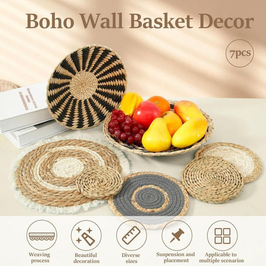 7 pcs Set Handmade Bohemian Wall Hanging Basket Wicker Rattan Wall Decor For Bedroom Dining ROom Office V1188-MS-227-1568