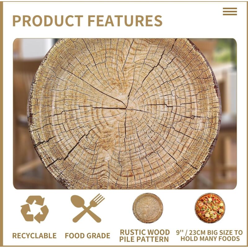 50 Pack 9" Rustic Wood Grain Paper Plates Disposable (Wood Grain 02) V1188-MS-227-1636