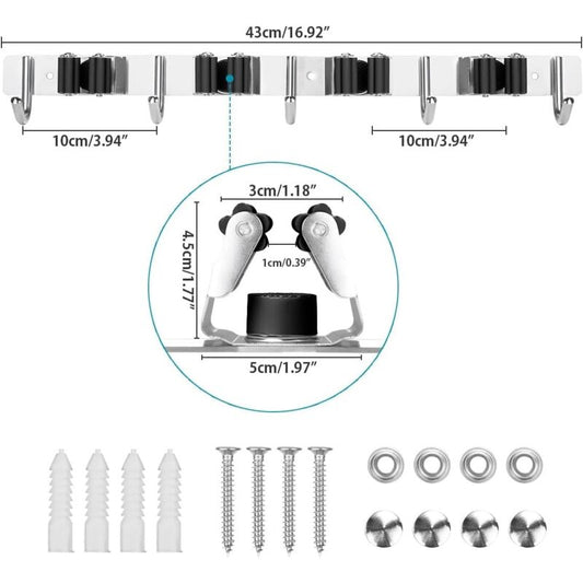 Stainless Steel Wall Mounted Broom Holder, Wall Mounted Broom Hanger With 4 Slots And 5 Hooks For Kitchen, V1188-MS-227-1668