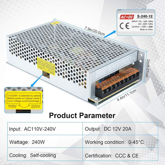 Switching Power Supply 12V 20A LED Transformer 240W Switching Power Supply Ac 110V / 240V Dc 12V Switching V1188-MS-227-1913