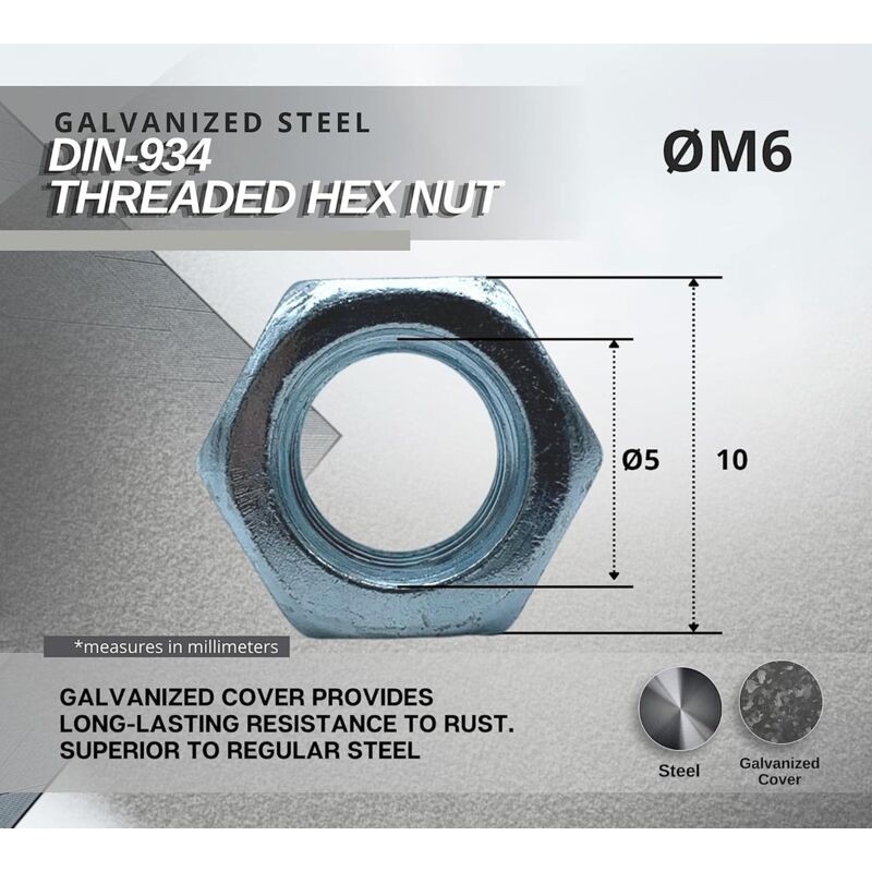 Nut 50 Hexagonal Nut M6 5Mm X 10Mm Galvanized Steel Din 934 Nut M6 For Bolts And Nuts, Coupling Elements, V1188-MS-227-2100