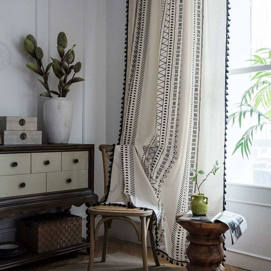 1 Panel Bohemian Curtains Cotton Linen Black Tassel Curtains For Living ROom Bedroom (White, 150 X 180 Cm) V1188-MS-227-2106