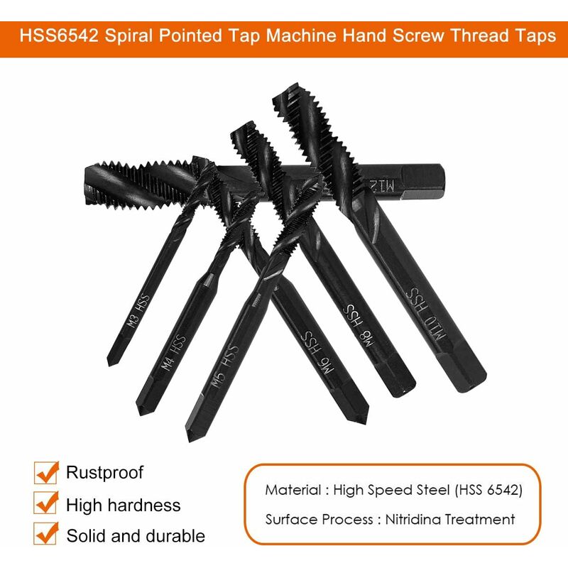 7 pcs Nitride Spiral Point Thread Taps, Hss 6542 Metric Machine Taper Shank Thread Tapping Tool M3 M4 M5 M6 V1188-MS-227-2150