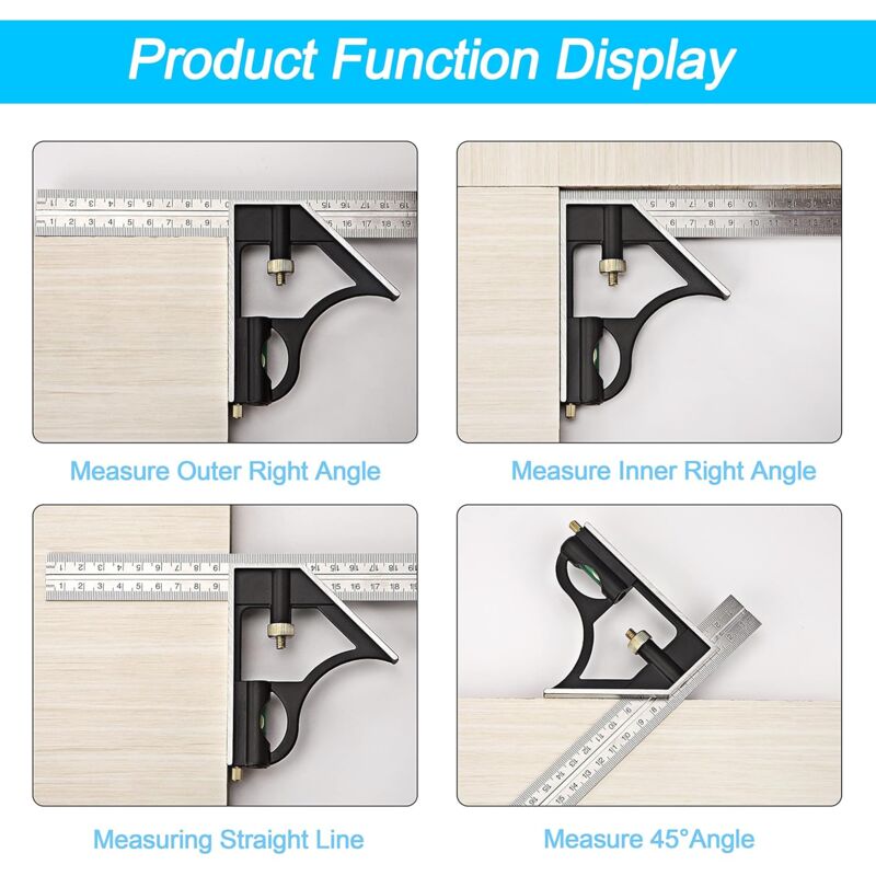 Metal Combination Square Multi-Function Carpentry Ruler Combination Angle Ruler With Zero Level Protractor V1188-MS-227-2253