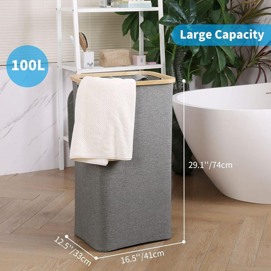 Large Laundry Basket With Lid, 100L Dirty Basket With Bamboo Handles For Clothes, Laundry Basket Xxl Foldable V1188-MS-227-2309