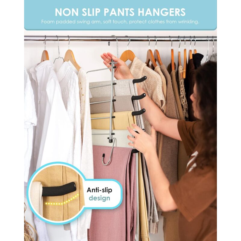 2 Pack Space Saving Hangers - Non-Slip Trouser Hanger With Foam Padded Swing Hanger Multi-Layer Hanger V1188-MS-227-2515