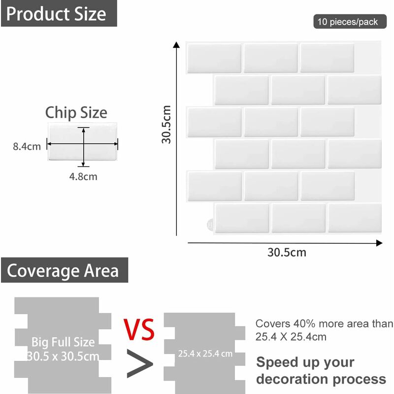 10 pcs White 3D Wall Tile Sticker Kitchen Bathroom (30.5X 30.5Cm) V1188-MS-227-2757