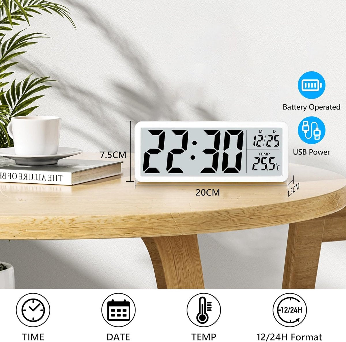 Battery-operated digital wall clock with large numbers, temperature display, 12/24 hour format for office, V1188-MS-313-0286