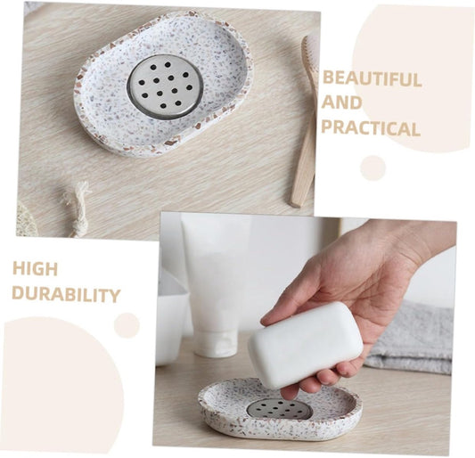 Terrazzo soap dish with stainless steel drainer, beige, natural stone, beige for bathroom, sink and kitchen - V1188-MS-313-0362