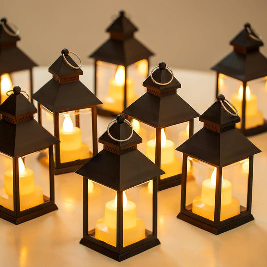 Decorative black lanterns for outdoor tables - Set of 2 mini LED metal lanterns for Halloween, weddings, V1188-MS-313-0416