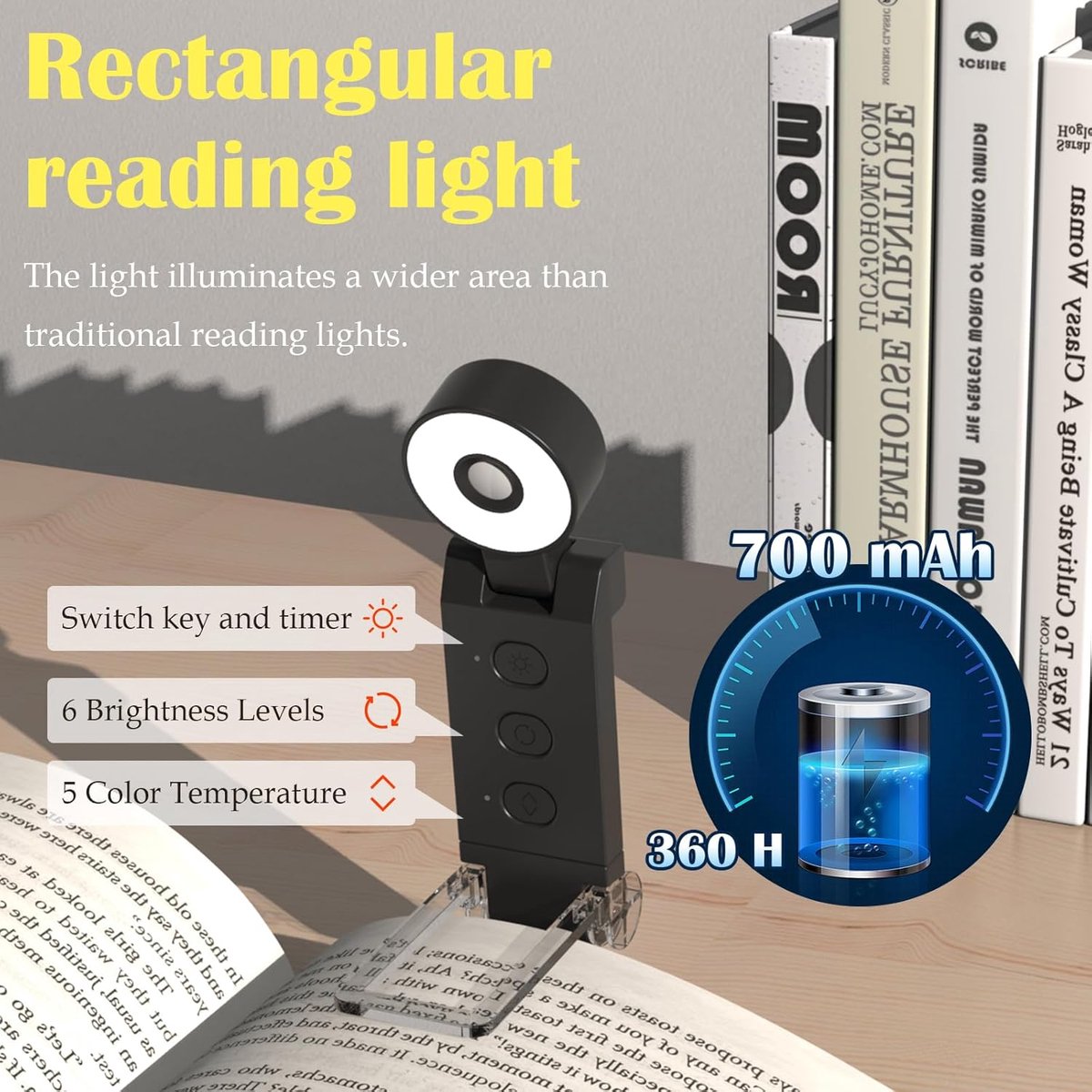 Reading light for books - For bed - With clip - Rechargeable - 5 settings - Bedside lamp - Black V1188-MS-313-0527