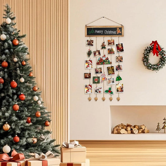 Photo album - Wall-mounted photo holder - Photo frame with display board and 30 photo clips - Wooden photo V1188-MS-313-0564