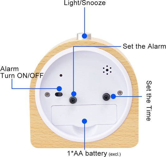 Wekker analog wooden clock with snooze function - Wekker Vintage with luminous Klok - Silent vintage wooden V1188-MS-313-0595