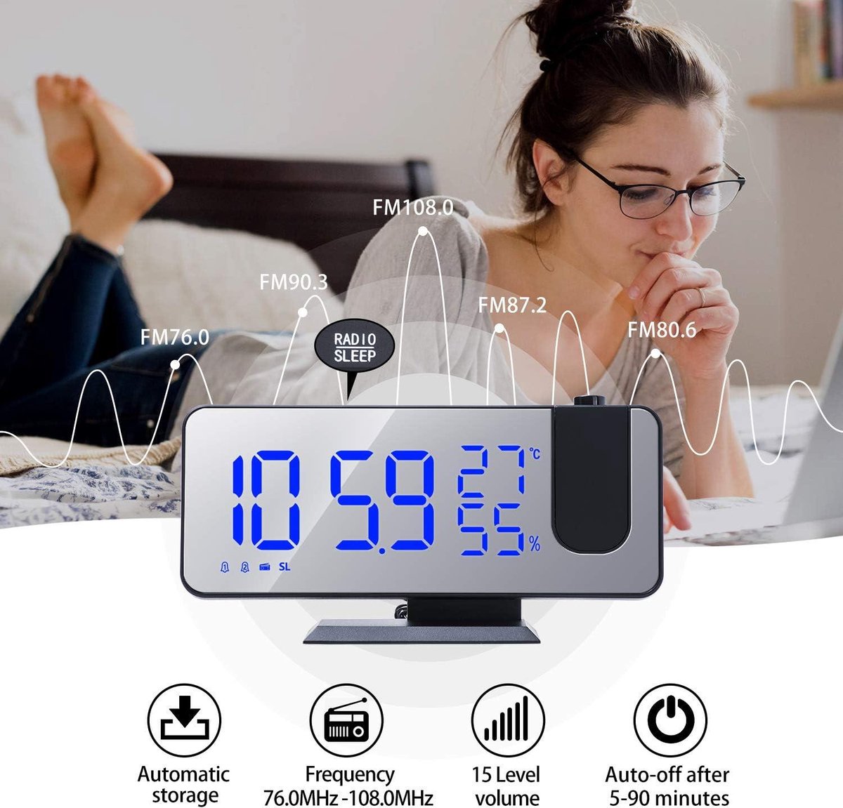 Radio Wekker digital projection with 4 dimmers and 180 degrees rotation - 2 sounds - Groot 7.4'' mirror V1188-MS-313-0655