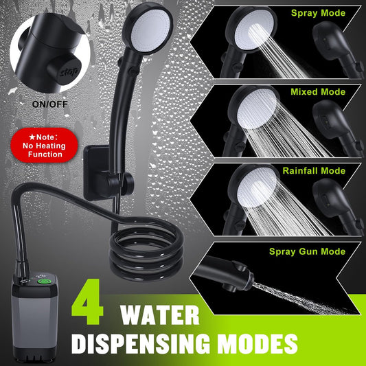 Portable Camping Shower - 6000mAh Rechargeable Shower Pump - With Smart LED Display - 4 Spray Modes - IPX7 V1188-MS-313-0688