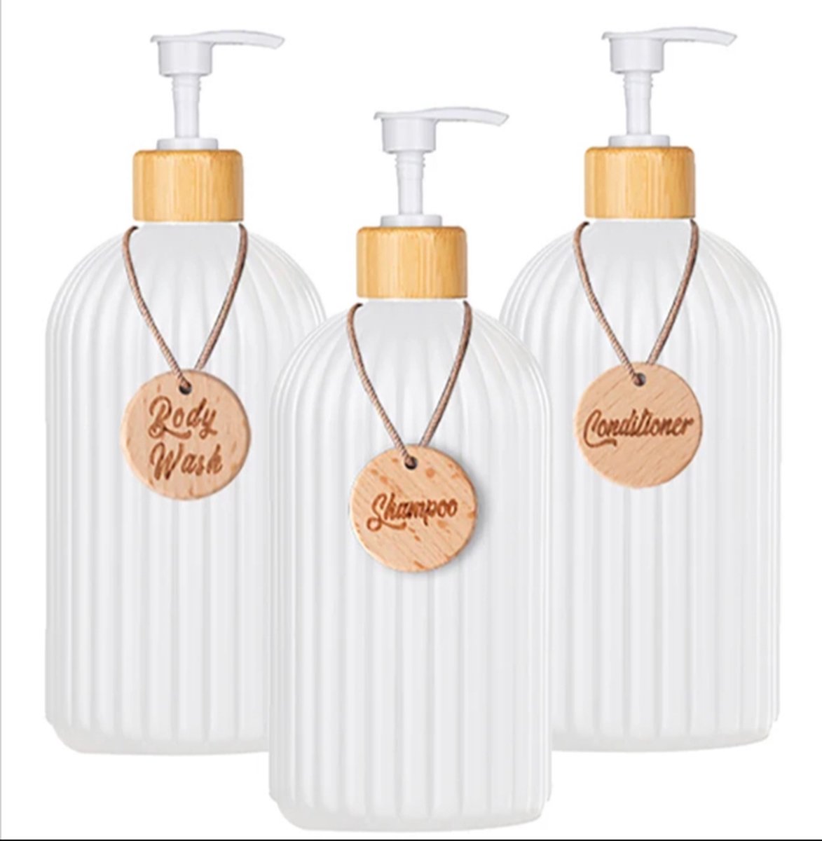 Set of 3 pump bottles, 500 ML, White, plastic and bamboo soap dispenser, refillable shampoo bottle. V1188-MS-313-0796