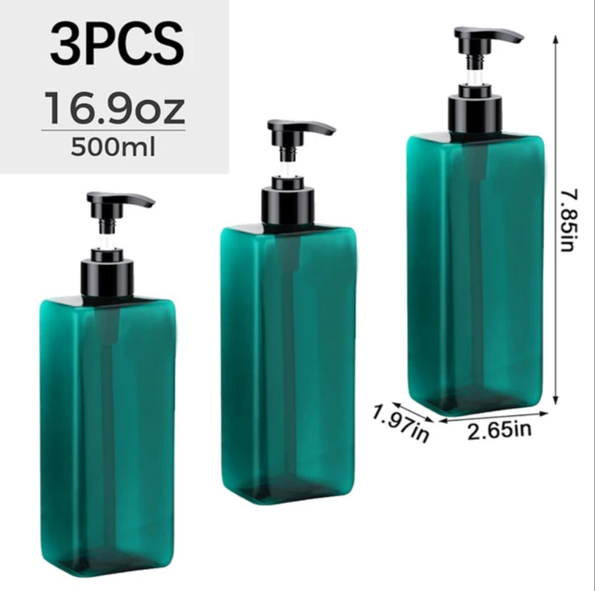 Set of 3 Pump Bottles, 500 ML, Turquoise Plastic Soap Dispenser, Refillable Shampoo Bottle. V1188-MS-313-0799