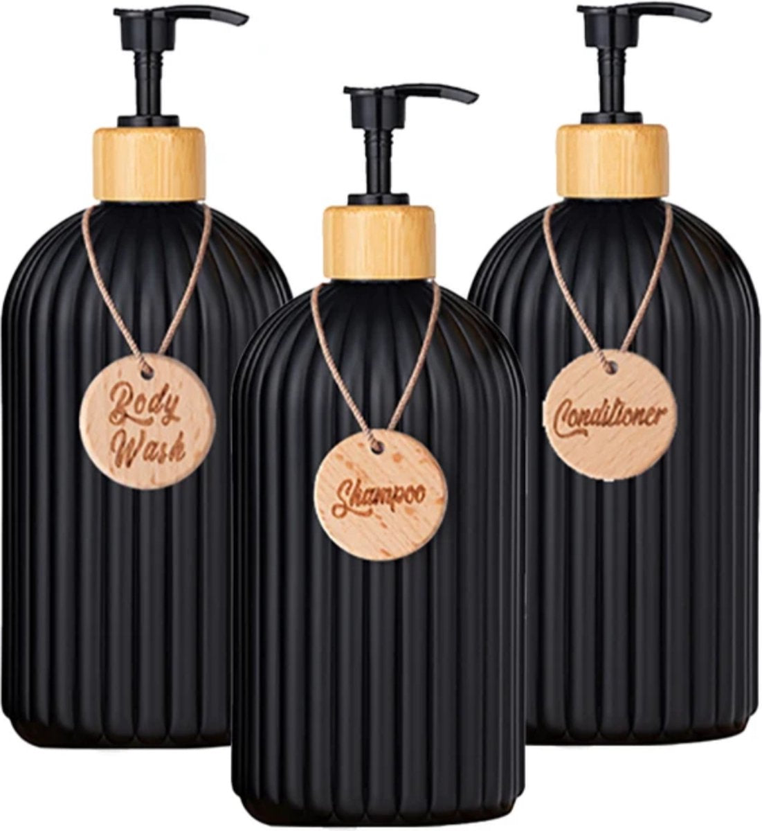 Set of 3 pump bottles, 500 ML, Black, plastic and bamboo soap dispenser, refillable shampoo bottle. V1188-MS-313-0800