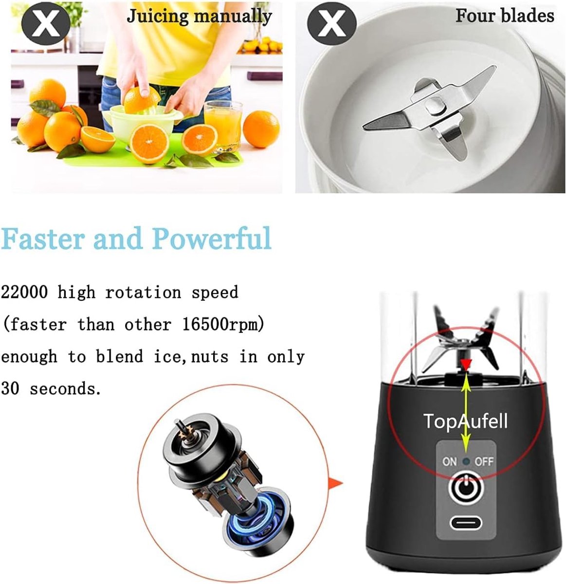 Blender - Mini blender - Smoothie maker - Rechargeable mini blender - Portable blender - Citrus press - Black V1188-MS-313-0806